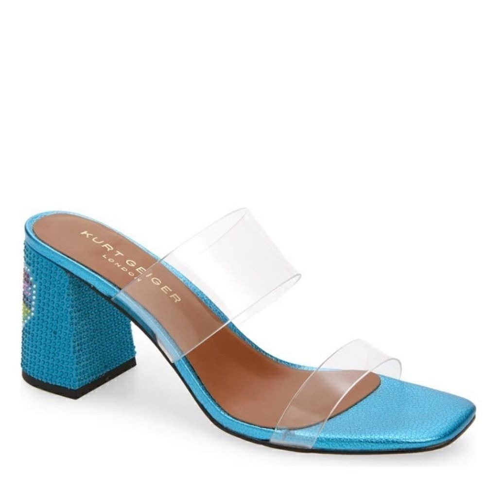 Kurt Geiger Party Clear Block Heel Sandal Glass Slipper Barbie Blue Size 8.5, NW